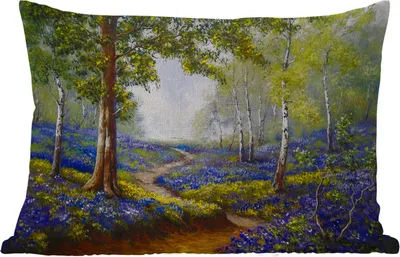 Produktbild von MuchoWow® Outdoor Kissen - Gemälde - Natur - Wald - Blumen - Ölfarbe - 50x30 cm - Wetterfest - Lounge Kissen - Sofa kissen - Wohnzimmer Dekoration