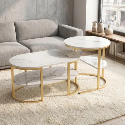 Produktbild von INONEFT Couchtisch 2er Set, Satztische mit Marmormuster und Metallrahmen, Beistelltisch Kaffeetisch, Moderner Sofatisch für Wohnzimmer, Schlafzimmer