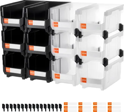 Image de VEVOR Bacs gerbables, 377 x 215 x 180 mm (pack de 12), Bacs à bec, Bacs à bec pour l'organisation & le rangement de petites pièces, fournitures de bureau & autres accessoires, noir & transparent