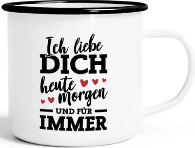 Produktbild von Emaille-Tasse Ich liebe dich heute morgen und für immer Geschenk Valentinstag Jahrestag Herz Emaillebecher Moonworks® weiß-schwarz Emailletasse