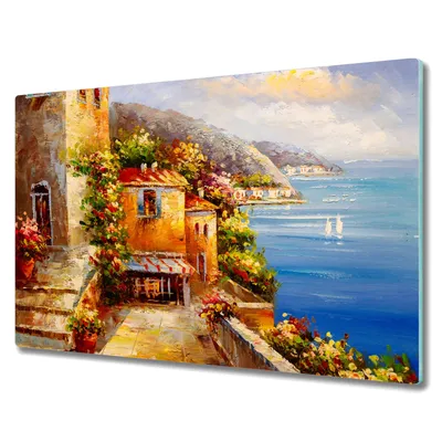 Produktbild von Coloray Kochplattenabdeckung Herdabdeckplatte 80x52 cm Hackbrett Schneidebrett Küchenbrett - Blumen Stadt Meerküste
