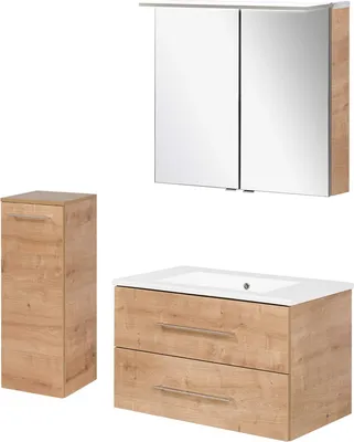 Produktbild von FACKELMANN B.PERFEKT Badmöbel Set 4-teilig, 82 cm, Braun Hell, Waschbecken Keramik Weiß, LED Spiegelschrank & Midischrank  Eleganz und Funktionalität für Dein Bad