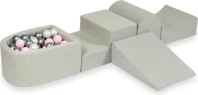 Produktbild von Schaumstoff-Spielset mit Hügel und Mikro-Bällepool – hellgrau mit Bällebadbällen 100 Stück / Perle, Silber, Hellrosa