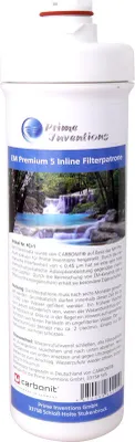 A white cylindrical water filter cartridge with a label showing a waterfall scene and product information.