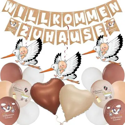 Productafbeelding van Welcome Home Baby Decoratie - 18 Delige Set met Stork Geboorte Buiten, Schattige Welkom Slingers, Neutrale Ballonnen in Beige, Wit, Brui