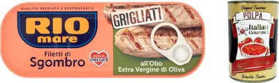 Produktbild von 12x Rio Mare Filetti di Sgombro Grigliati all'Olio Extra Vergine di Oliva Gegrillte Makrelenfilets mit nativem Olivenöl extra 120g reich an Omega 3 + Italian Gourmet polpa 400g