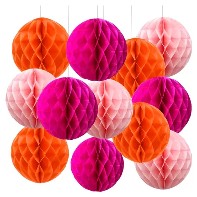 Produktbild von 12 Stück orange und rosa Papier-Wabenbälle für die Partydekoration