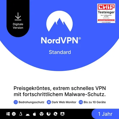 Produktbild von NordVPN Standard VPN + Cybersecurity | 10 Geräte | 1 Jahr | Vollversion | Download-Version