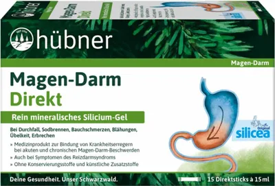 A box of Hübner Magen-Darm Direkt, a mineral silicium gel for stomach and intestinal complaints.