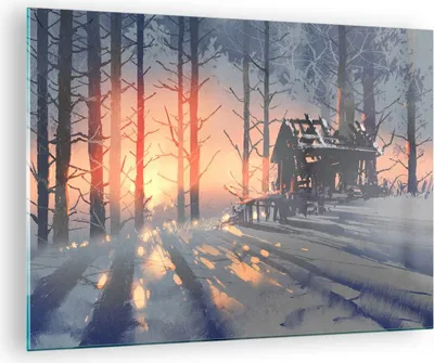 Produktbild von Bilder auf glas - Winter Wald Hütte - 70x50cm - Glasbilder - Wandbilder - Kunstdruck - zum Aufhängen bereit - Wanddekoration aus Glas - Glas Bilder - Wandbild auf Glas - Einteilig - GAA70x50-3854