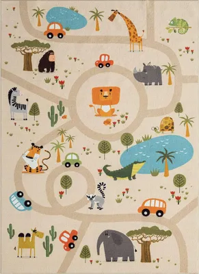 A flat lay of a children's rug with a safari theme, featuring cartoon animals and cars on a road network.