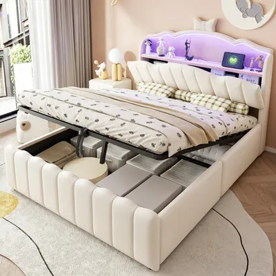 Image de Lit multifonctionnel 140x200 cm, avec éclairage LED, port USB, espace de rangement, tête de lit rembourrée, couleur beige