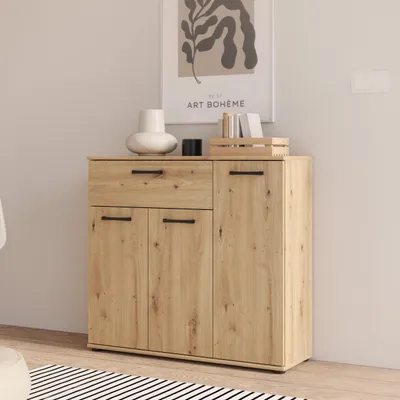 Produktbild von Forte NIKO Kommode 90, Skandi-Kommode, 3-türig, 1 Schublade, Holzwerkstoff, Wohn-/Schlafzimmer, Artisan Eiche Holzdekor, 89,6 cm breit x 81,7 cm hoch x 29,1 cm tief
