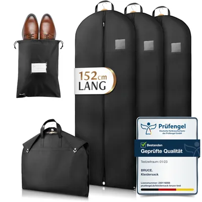 Produktbild von Bruce.® 3x Premium Kleidersack Lang 152 x 60 cm inkl. 1x Schuhbeutel, Optimierte Materialstärke, Hochwertige Kleiderhülle für Anzug, Jacke & Kleid