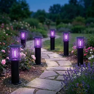 Produktbild von 6er-Set Solar Gartenlampe mit Mückenvernichter aus Edelstahl, 2in1 LED Wegeleuchte Schwarz, Warmweiss 300lm & UV Insektenschutz 15lm, IP44, 25 x 60 cm