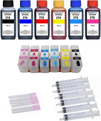 Image de Cartouches d'encre rechargeables compatibles avec Epson 378, 378XL + 6 x 100 ml d'encre de recharge pour Expression Photo XP-8000, XP-8005, XP-8500, XP-8505, XP-8600, XP-8605, XP-8700