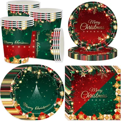 Produktbild von 80er Set Advent Speiseteller Partygeschirr Set, Pappteller Becher Servietten für 20 Gäste, Geschirr Set für Weihnachten Essteller Partys und Feiertage