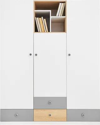 A white wardrobe with gray drawers and a wood-effect drawer and shelving unit, featuring books on the shelves.