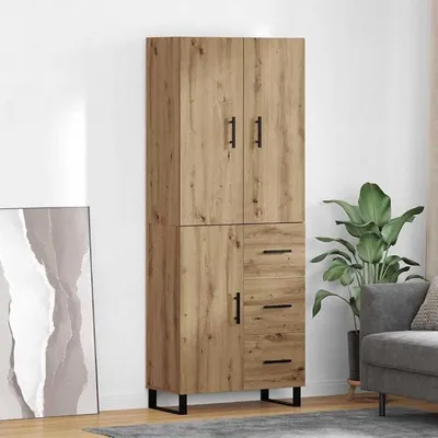 Produktbild von Highboard mit Schubladen in Artisan-Eiche, 69,5 x 34 x 180 cm, Sideboard mit Stauraum und Scharniertüren, Kommode Wohnzimmer, Wohnzimmerschränke, Flur Sideboard, Kommodenschrank