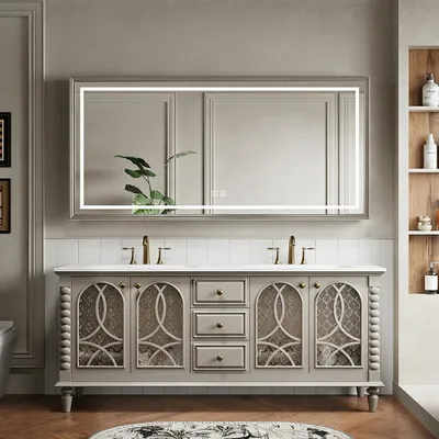 Produktbild von Badmöbel-Set mit Sinterstein Waschbecken und Spiegel, Badezimmer Set, Waschtisch mit Unterschrank, Waschtischkombination Grau 130×55 cm /SCJZHUI/