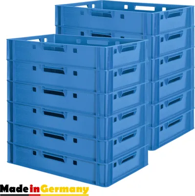 Produktbild von 12 Stück E1 Fleischkisten Blau Kisten Eurobox Lebensmittelecht Metzgerkiste Box Aufbewahrungsbox Kunststoff Wanne Plastik Stapelbar Lagerkisten 60 x 40 Kingpower