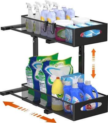 Zdjęcie produktu dla Housolution Organizer do szafki zlewozmywakowej 2 półki Metal Wysuwana półka pod zlewozmywak Wysuwane szuflady Organizer do szafki zlewozmywakowej pod zlewozmywak