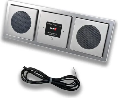 Produktbild von Busch Jäger DAB+ (DAB PLUS) Unterputz Radio 8215U-101 PUR Edelstahl, Set mit 2 x Lautsprecher, Abdeckungen und Rahmen + 0,9 m EBROM Wurfantenne zur Empfangsoptimierung - 8215 U – 101