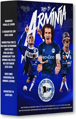 A box of trading cards for the Arminia Bielefeld football club.