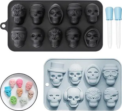 Obrázek produktu pro Silikonová forma na čokoládu – silikonová forma na pečení, 2 ks, lebka, halloweenská forma na čokoládu, forma ve tvaru lebky