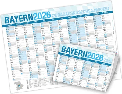 Produktbild von itenga Jahresplaner Bayern 2026 Wandkalender DIN A2 (59,4 x 42,0 cm), 250 g/m², gefalzt auf DIN A4