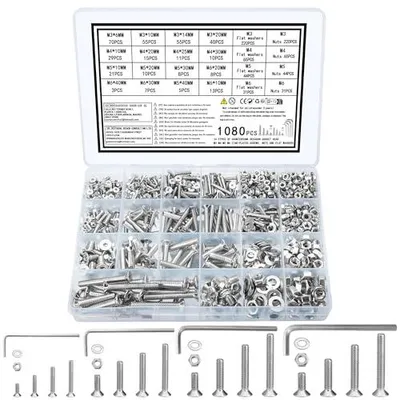 Produktbild von 1080 Senkkopfschrauben Muttern Set,M3 M4 M5 M6 Schrauben Set,Flachkopfschrauben Innensechskant Schrauben und Muttern Set mit Unterlegscheiben, Maschinenschrauben Sortiment, Gewindeschrauben
