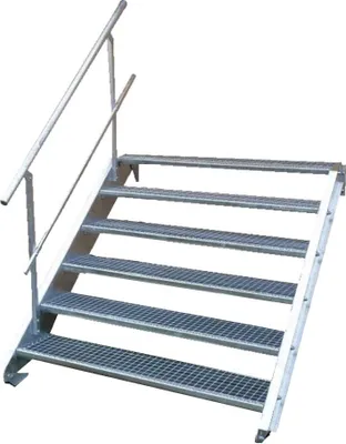 Produktbild von Tailor Made Metal Stahltreppe Wangentreppe, 6 Stufen, Breite 140cm, Höhe 90-120cm, einseitiges Geländer, für Außen- und Gewerbeeinsatz, einfache & schnelle Montage, robust und langlebig
