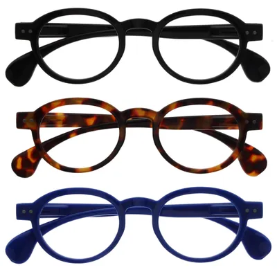 Produktbild von OPULIZE OCA Lesebrille - 3er-Pack - Moderne Runde Retro-Fassung - Schwarz Braun Blau - Herren Damen - Federscharniere - RRR54-123 - +1.50