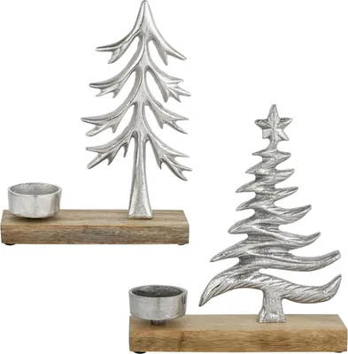 Immagine prodotto di Set da 2 portacandele a forma di albero di Natale, altezza 21 cm, in alluminio e legno, colore argento