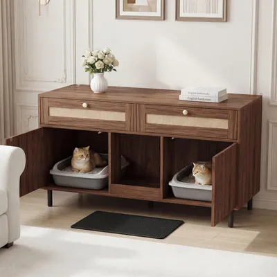 Produktbild von Flieks Kommode Sideboard Haustier, Beistellschrank Aufbewahrungsschrank mit Sandfangmatte, Haustierschrank mit Rattanschublade, Nussbaumfarbe