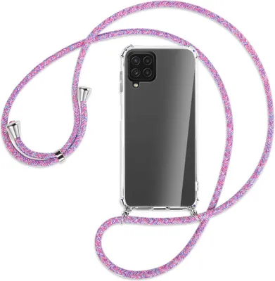 Produktbild von Handykette Backcover-Schutzhülle mit Band (Metall silberfarben) für Samsung Galaxy A22 4G (A225) - lila/rosa/blau