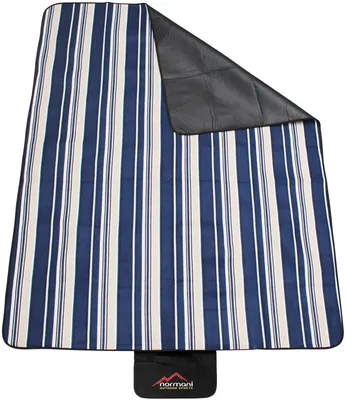 A striped picnic blanket is shown laid out, with one corner folded back to reveal a black backing.