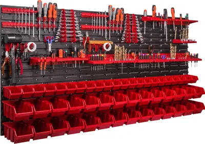 A wall-mounted tool organizer with various tools and storage bins.