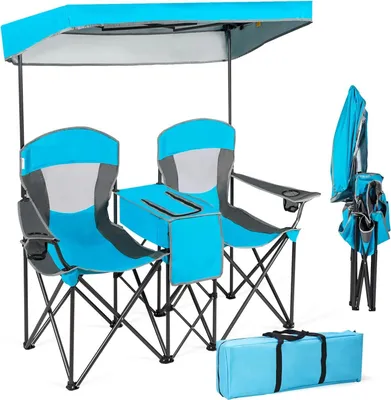 Immagine prodotto di Sedia da campeggio pieghevole KOMFOTTEU per 2 persone, sedia da pesca con tettuccio parasole regolabile, sedia da spiaggia pieghevole con tavolino laterale/portabevande (blu)