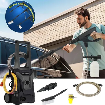 Obrázek produktu pro Elektrická vysokotlaká myčka – 2200 W – tlak 2400 PSI – hadice 7 m – zástrčka EU 220 V – stříkací pistole – dvě kolečka – černá