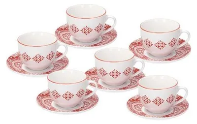 6 Kaffeetassen mit Untertassen, Porzellan, 270 ml, weiß-rot