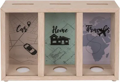 Imagen del producto de Caja de ahorro de madera con 3 compartimentos, de varios colores, 1 unidad, para guardar dinero