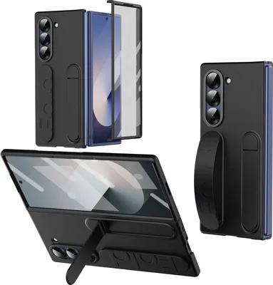 Produktbild von Hülle für Samsung Galaxy Z Fold 6 Vertikale Armbandtasche mit Eingebautem Displayschutz, Griffring, Ständer, Kameraschutz Handyhülle Schwarz