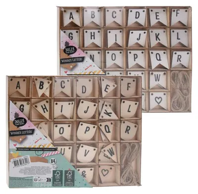Image de 84 lettres en bois en forme de drapeau, non peintes, pour le bricolage et la décoration, avec boîte en bois et ficelle