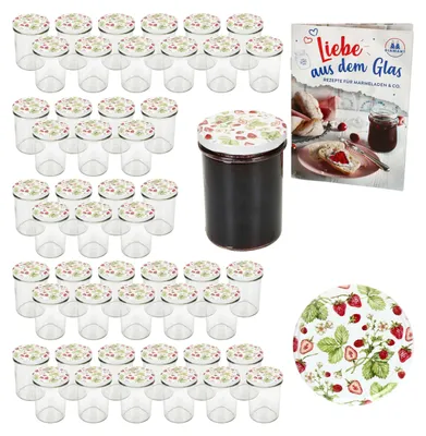 Image de 50 pots en verre renversé 230 ml HAUT Pot de conserve TO66 Fraise des bois Couvercle Livret de recettes