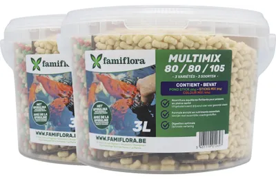 Produktbild von Famiflora Multimix Colstipo Teichfutter - 2x 3L (265g) - Schwimmender Mix mit Spirulina - Für Goldfische & Koi - Farbverstärkend - Schwimmendes Teichfutter - Mix aus 3 Formeln: Teichgrund, Sticks & Farbe