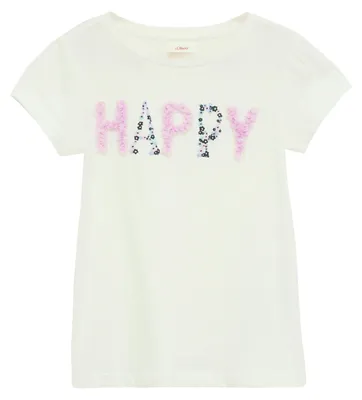 Produktbild von s.Oliver Damen T-Shirt aus angerautem Jersey mit A-Shape, Frontprint, Raffung, Applikation und Schmuckperlen