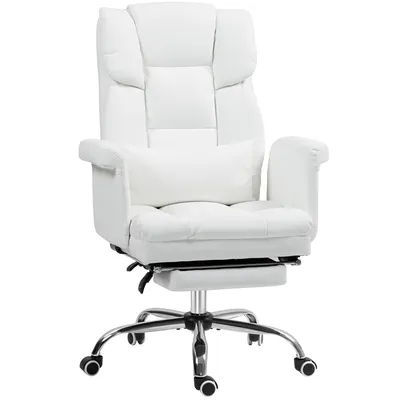 A white office chair with a headrest and footrest is shown against a white background.