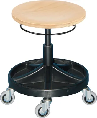 Produktbild von Drehhocker Atlanta | Sitzhöhe 41-54cm | Ø 63cm | Tragfähigkeit 110kg | Holz-Buche | Kunststof-Fußkreuz mit Ablageschale & Rollen | Ringauslösung | Buche