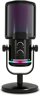 Produktbild von USB-Kondensator-Gaming-Mikrofon mit RGB-Display und Stummschaltfunktion, kompatibel mit PC und PS4/5, geeignet für Podcasting und Videoaufnahmen.